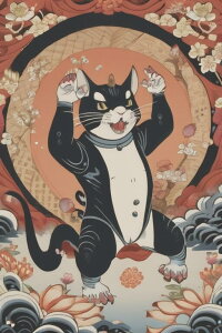 猫 招き猫 幸運 繁栄 商売繁盛 タペストリー 和柄 和風 大きい 男気 日本画風 入れ墨風 アウトロー 縦型 縦配信 大自然 インテリア 撮影背景 壁掛け 大判 長方形 壁布 黒 白 オレンジ