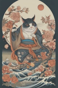 猫 着物 花 波 月 タペストリー 和柄 和風 大きい 男気 日本画風 入れ墨風 アウトロー 縦型 縦配信 大自然 インテリア 撮影背景 壁掛け 大判 長方形 壁布 白 黒 オレンジ