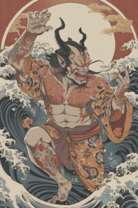 鬼 刺青 波 月 妖怪 タペストリー 和柄 和風 大きい 男気 日本画風 入れ墨風 アウトロー 縦型 縦配信 大自然 インテリア 撮影背景 壁掛け 大判 長方形 壁布 赤 オレンジ ベージュ