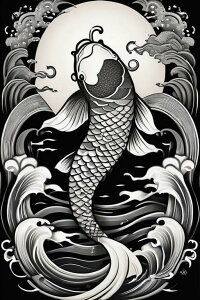 鯉 波 月 鱗 墨絵 タペストリー 和柄 和風 大きい 男気 日本画風 入れ墨風 アウトロー 縦型 縦配信 大自然 インテリア 撮影背景 壁掛け 大判 長方形 壁布 白 黒 グレー