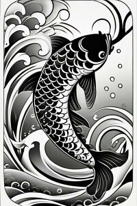 鯉 波 水 鱗 幸運 タペストリー 和柄 和風 大きい 男気 日本画風 入れ墨風 アウトロー 縦型 縦配信 大自然 インテリア 撮影背景 壁掛け 大判 長方形 壁布 黒 白 グレー