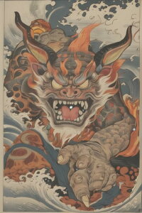 龍 波 鬼 妖怪 伝説 タペストリー 和柄 和風 大きい 男気 日本画風 入れ墨風 アウトロー 縦型 縦配信 大自然 インテリア 撮影背景 壁掛け 大判 長方形 壁布 赤 オレンジ 黄色