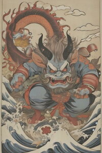 龍 鬼 波 妖怪 伝説 タペストリー 和柄 和風 大きい 男気 日本画風 入れ墨風 アウトロー 縦型 縦配信 大自然 インテリア 撮影背景 壁掛け 大判 長方形 壁布 青 赤 オレンジ