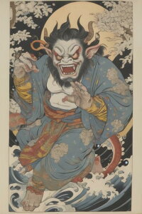 鬼 妖怪 日本美術 浮世絵 月 タペストリー 和柄 和風 大きい 男気 日本画風 入れ墨風 アウトロー 縦型 縦配信 大自然 インテリア 撮影背景 壁掛け 大判 長方形 壁布 青 黒 白