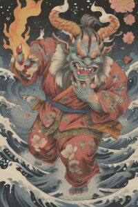 鬼 妖怪 火 波 着物 タペストリー 和柄 和風 大きい 男気 日本画風 入れ墨風 アウトロー 縦型 縦配信 大自然 インテリア 撮影背景 壁掛け 大判 長方形 壁布 赤 青 オレンジ