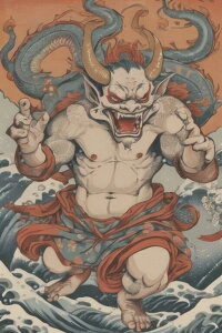 鬼 龍 波 怒り 力 タペストリー 和柄 和風 大きい 男気 日本画風 入れ墨風 アウトロー 縦型 縦配信 大自然 インテリア 撮影背景 壁掛け 大判 長方形 壁布 赤 オレンジ ベージュ