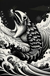 アナグマ 波 水 動物 モノクロ タペストリー 和柄 和風 大きい 男気 日本画風 入れ墨風 アウトロー 縦型 縦配信 大自然 インテリア 撮影背景 壁掛け 大判 長方形 壁布 白 黒 グレー