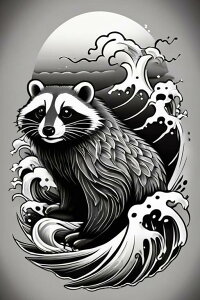 アライグマ 波 月 タトゥー 自然 タペストリー 和柄 和風 大きい 男気 日本画風 入れ墨風 アウトロー 縦型 縦配信 大自然 インテリア 撮影背景 壁掛け 大判 長方形 壁布 黒 白 グレー