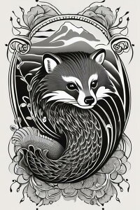 アライグマ 動物 自然 山 フレーム タペストリー 和柄 和風 大きい 男気 日本画風 入れ墨風 アウトロー 縦型 縦配信 大自然 インテリア 撮影背景 壁掛け 大判 長方形 壁布 黒 白 グレー