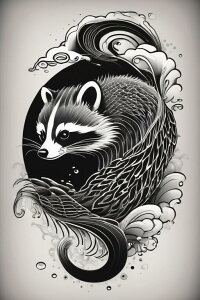 アライグマ 動物 モノクロ 波 渦 タペストリー 和柄 和風 大きい 男気 日本画風 入れ墨風 アウトロー 縦型 縦配信 大自然 インテリア 撮影背景 壁掛け 大判 長方形 壁布 黒 白 グレー