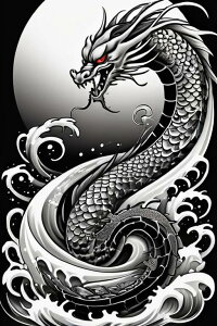 龍 水 波 月 神話 タペストリー 和柄 和風 大きい 男気 日本画風 入れ墨風 アウトロー 縦型 縦配信 大自然 インテリア 撮影背景 壁掛け 大判 長方形 壁布 白 黒 グレー