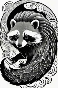 アライグマ 動物 モノクロ タトゥー スピリチュアル タペストリー 和柄 和風 大きい 男気 日本画風 入れ墨風 アウトロー 縦型 縦配信 大自然 インテリア 撮影背景 壁掛け 大判 長方形 壁布 黒