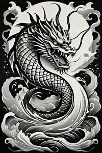 龍 海 波 月 伝説 タペストリー 和柄 和風 大きい 男気 日本画風 入れ墨風 アウトロー 縦型 縦配信 大自然 インテリア 撮影背景 壁掛け 大判 長方形 壁布 白 黒 グレー