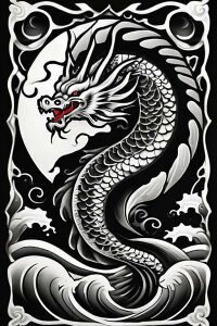 龍 海 波 月 幸運 タペストリー 和柄 和風 大きい 男気 日本画風 入れ墨風 アウトロー 縦型 縦配信 大自然 インテリア 撮影背景 壁掛け 大判 長方形 壁布 黒 白 赤