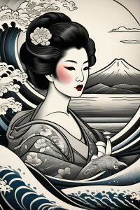 芸者 波 富士山 着物 花 タペストリー 和柄 和風 大きい 男気 日本画風 入れ墨風 アウトロー 縦型 縦配信 大自然 インテリア 撮影背景 壁掛け 大判 長方形 壁布 白 黒 グレー