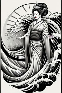 芸者 波 着物 日本美術 浮世絵 タペストリー 和柄 和風 大きい 男気 日本画風 入れ墨風 アウトロー 縦型 縦配信 大自然 インテリア 撮影背景 壁掛け 大判 長方形 壁布 白 黒 グレー