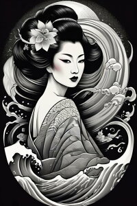 芸者 着物 波 月 花 タペストリー 和柄 和風 大きい 男気 日本画風 入れ墨風 アウトロー 縦型 縦配信 大自然 インテリア 撮影背景 壁掛け 大判 長方形 壁布 白 黒 グレー