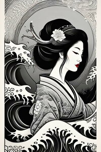 芸者 着物 波 花 日本美術 タペストリー 和柄 和風 大きい 男気 日本画風 入れ墨風 アウトロー 縦型 縦配信 大自然 インテリア 撮影背景 壁掛け 大判 長方形 壁布 黒 白 グレー