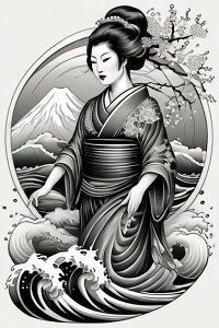 芸者 着物 波 富士山 桜 タペストリー 和柄 和風 大きい 男気 日本画風 入れ墨風 アウトロー 縦型 縦配信 大自然 インテリア 撮影背景 壁掛け 大判 長方形 壁布 白 黒 グレー