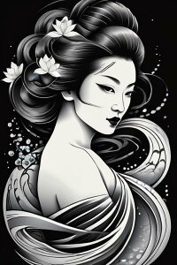 芸者 着物 髪飾り 美 日本文化 タペストリー 和柄 和風 大きい 男気 日本画風 入れ墨風 アウトロー 縦型 縦配信 大自然 インテリア 撮影背景 壁掛け 大判 長方形 壁布 白 黒 グレー