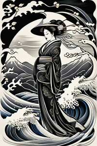 着物 波 富士山 女性 日本画 タペストリー 和柄 和風 大きい 男気 日本画風 入れ墨風 アウトロー 縦型 縦配信 大自然 インテリア 撮影背景 壁掛け 大判 長方形 壁布 黒 白 グレー