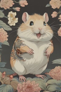 ハムスター 花 笑顔 タトゥー かわいい タペストリー 和柄 和風 大きい 男気 日本画風 入れ墨風 アウトロー 縦型 縦配信 大自然 インテリア 撮影背景 壁掛け 大判 長方形 壁布 ベージュ ピン