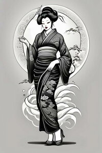 芸者 着物 月 日本 美人 タペストリー 和柄 和風 大きい 男気 日本画風 入れ墨風 アウトロー 縦型 縦配信 大自然 インテリア 撮影背景 壁掛け 大判 長方形 壁布 黒 白 グレー