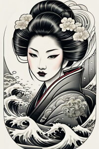 芸者 着物 波 花 日本美術 タペストリー 和柄 和風 大きい 男気 日本画風 入れ墨風 アウトロー 縦型 縦配信 大自然 インテリア 撮影背景 壁掛け 大判 長方形 壁布 白 黒 グレー