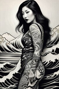女性 刺青 波 着物 富士山 タペストリー 和柄 和風 大きい 男気 日本画風 入れ墨風 アウトロー 縦型 縦配信 大自然 インテリア 撮影背景 壁掛け 大判 長方形 壁布 白 黒 グレー