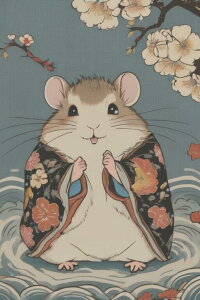 ネズミ 着物 花 波 幸運 タペストリー 和柄 和風 大きい 男気 日本画風 入れ墨風 アウトロー 縦型 縦配信 大自然 インテリア 撮影背景 壁掛け 大判 長方形 壁布 白 ベージュ ピンク
