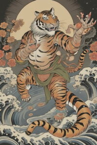 虎 波 月 花 仏教 タペストリー 和柄 和風 大きい 男気 日本画風 入れ墨風 アウトロー 縦型 縦配信 大自然 インテリア 撮影背景 壁掛け 大判 長方形 壁布 オレンジ ベージュ グレー