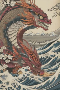 龍 海 波 山 花 タペストリー 和柄 和風 大きい 男気 日本画風 入れ墨風 アウトロー 縦型 縦配信 大自然 インテリア 撮影背景 壁掛け 大判 長方形 壁布 赤 白 グレー