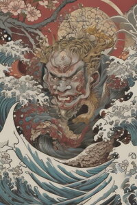 鬼 龍 波 花 太陽 タペストリー 和柄 和風 大きい 男気 日本画風 入れ墨風 アウトロー 縦型 縦配信 大自然 インテリア 撮影背景 壁掛け 大判 長方形 壁布 赤 白 グレー