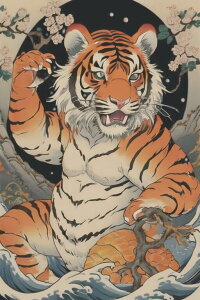 虎 波 桜 月 山 タペストリー 和柄 和風 大きい 男気 日本画風 入れ墨風 アウトロー 縦型 縦配信 大自然 インテリア 撮影背景 壁掛け 大判 長方形 壁布 オレンジ 白 黒