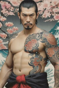 桜 刺青 武士 日本画 肉体美 タペストリー 和柄 和風 大きい 男気 日本画風 入れ墨風 アウトロー 縦型 縦配信 大自然 インテリア 撮影背景 壁掛け 大判 長方形 壁布 黒 赤 ピンク
