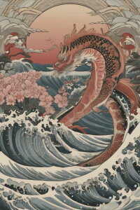 龍 波 桜 太陽 海 タペストリー 和柄 和風 大きい 男気 日本画風 入れ墨風 アウトロー 縦型 縦配信 大自然 インテリア 撮影背景 壁掛け 大判 長方形 壁布 赤 ピンク オレンジ