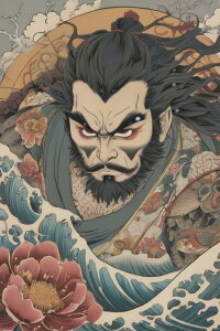 武士 侍 波 花 刺青 タペストリー 和柄 和風 大きい 男気 日本画風 入れ墨風 アウトロー 縦型 縦配信 大自然 インテリア 撮影背景 壁掛け 大判 長方形 壁布 黒 赤 ベージュ