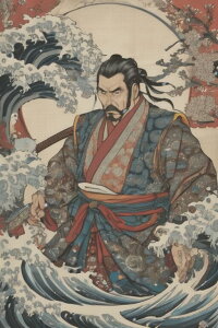 武士 波 着物 月 桜 タペストリー 和柄 和風 大きい 男気 日本画風 入れ墨風 アウトロー 縦型 縦配信 大自然 インテリア 撮影背景 壁掛け 大判 長方形 壁布 青 紺 赤