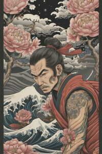 侍 武士道 花 波 刺青 タペストリー 和柄 和風 大きい 男気 日本画風 入れ墨風 アウトロー 縦型 縦配信 大自然 インテリア 撮影背景 壁掛け 大判 長方形 壁布 赤 黒 ピンク