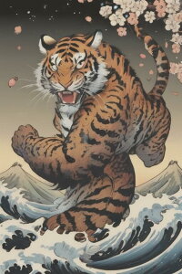 虎 波 桜 力 勇気 タペストリー 和柄 和風 大きい 男気 日本画風 入れ墨風 アウトロー 縦型 縦配信 大自然 インテリア 撮影背景 壁掛け 大判 長方形 壁布 オレンジ ベージュ 白