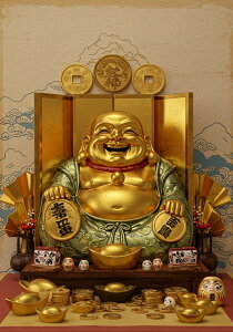 布袋 金運 幸運 富 繁栄 タペストリー ビリケンさん 商売繁盛 和柄 和風 大きい 男気 アウトロー 縦型 縦配信 撮影背景 壁掛け 大判 長方形 壁布 金色 黄色 ベージュ