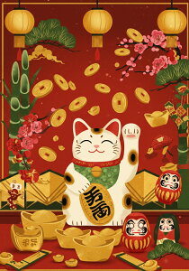 招き猫 金貨 金塊 達磨 竹 タペストリー 商売繁盛 和柄 和風 幸運 運気上昇 大きい 男気 アウトロー 縦型 縦配信 撮影背景 壁掛け 大判 長方形 壁布 赤 ピンク オレンジ