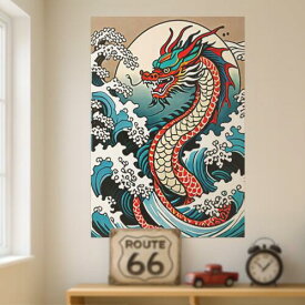龍 海 波 月 伝説 タペストリー 和モダン 和柄 浮世絵風 刺青風 昭和レトロ 壁掛け 大判 長方形 タトゥー ジャパニーズ 男気 アウトロー 壁布 青 白 黒