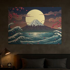 富士山 波 桜 月 浮世絵 タペストリー 和モダン 和柄 浮世絵風 刺青風 昭和レトロ 壁掛け 大判 長方形 タトゥー ジャパニーズ 男気 アウトロー 壁布 青 白 グレー