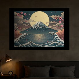 富士山 桜 波 月 浮世絵 タペストリー 和モダン 和柄 浮世絵風 刺青風 昭和レトロ 壁掛け 大判 長方形 タトゥー ジャパニーズ 男気 アウトロー 壁布 青 白 グレー