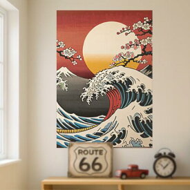 波 富士山 月 梅 葛飾北斎 タペストリー 和モダン 和柄 浮世絵風 刺青風 昭和レトロ 壁掛け 大判 長方形 タトゥー ジャパニーズ 男気 アウトロー 壁布 赤 白 青