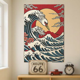 波 鶴 太陽 花 葛飾北斎 タペストリー 和モダン 和柄 浮世絵風 刺青風 昭和レトロ 壁掛け 大判 長方形 タトゥー ジャパニーズ 男気 アウトロー 壁布 青 紺 白