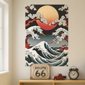 波 月 梅 海 葛飾北斎 タペストリー 和モダン 和柄 浮世絵風 刺青風 昭和レトロ 壁掛け 大判 長方形 タトゥー ジャパニーズ 男気 アウトロー 壁布 黒 白 グレー