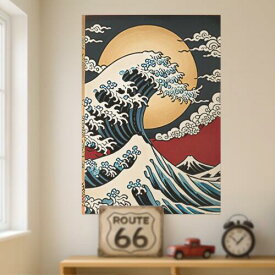 波 海 富士山 月 葛飾北斎 タペストリー 和モダン 和柄 浮世絵風 刺青風 昭和レトロ 壁掛け 大判 長方形 タトゥー ジャパニーズ 男気 アウトロー 壁布 青 紺 白