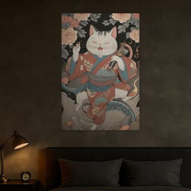 猫 着物 花 酒 浮世絵 タペストリー 和柄 和風 大きい 男気 日本画風 入れ墨風 アウトロー 縦型 縦配信 大自然 インテリア 撮影背景 壁掛け 大判 長方形 壁布 白 グレー 赤